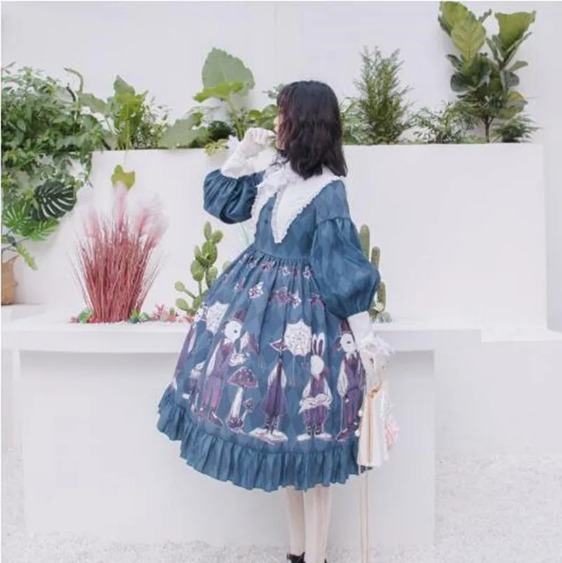 Loli cos vestido gótico lolita op lolita fofo impressão babados cintura alta laço vestido vitoriano simples vestido de menina gótico kawaii