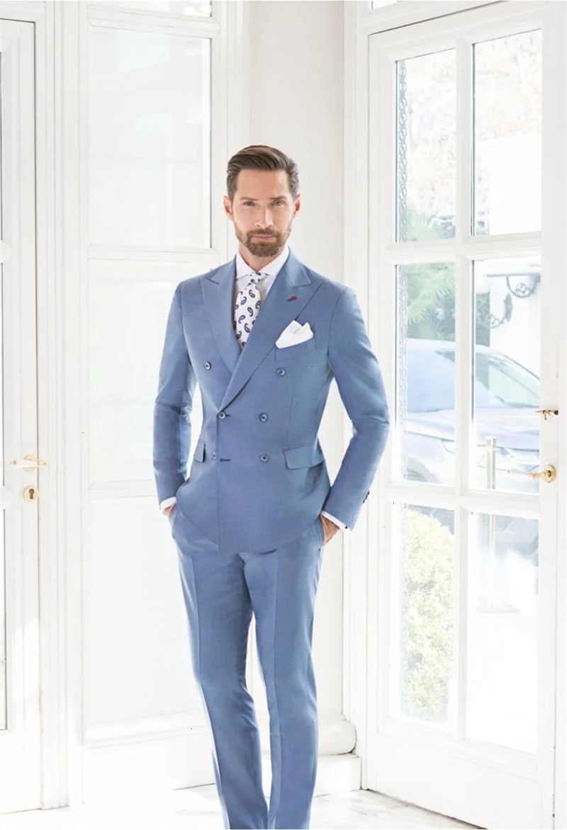 Zwei Stücke Männer Anzüge Royal Blue Maß Männer Anzüge Zweireiher Smoking Erreichte Revers Blazer Business Mantel + Hose