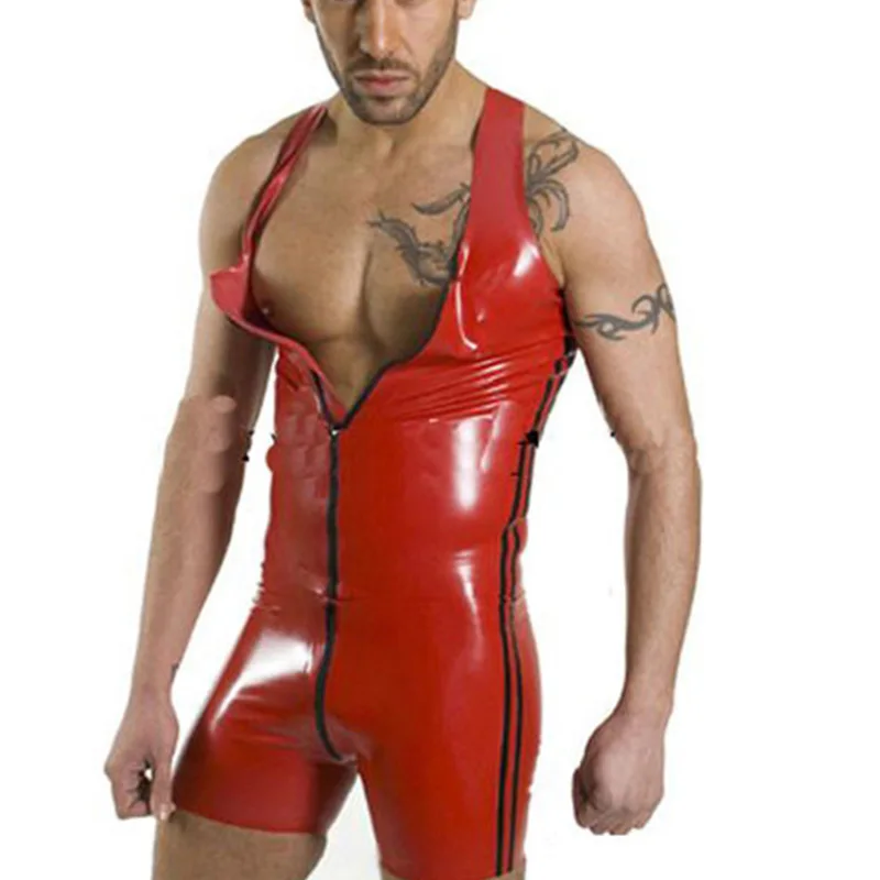 Sexy Mens Wetlook Pu Lederen Mouwloze Rits Open Voorzijde Bodysuit Rode Een Stuk Lederen Latex Jumpsuit Kostuum Lingerie Bdsm