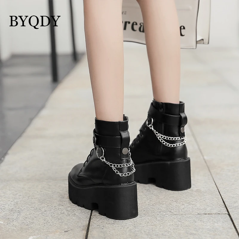 BYQDY Platform Boots for Women with Chain Fashion Ladies Ankle Boots Chunky Heel Lace Up Black Goth Shoes Autumn Plus Size