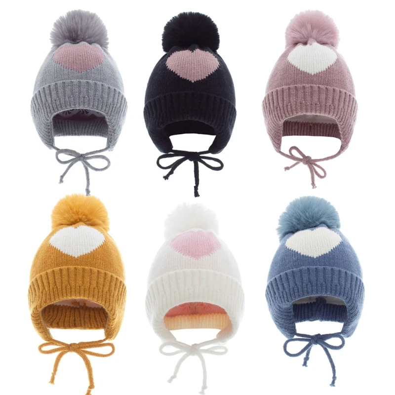 Fashion Baby Autumn Winter Warm Hat Cute Love Heart Knitted Children Beanie Cap Boys Girls Pompom Bonnert for 1-4Y Kids Toddler