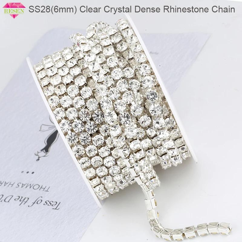 RESEN 1yard AAA grade S28 6mm Sliver Claw Clear Crystal Rhinestone Metal Chain Glass Strass Dense Chain Wedding Dress Decoration