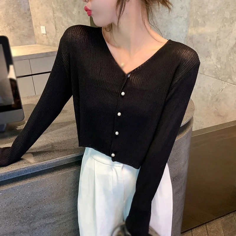 Women V Neck Thin Shirts Sun Protection Button Up Knitted Long Sleeve Summer Cardigan Tops Causal Short Tops