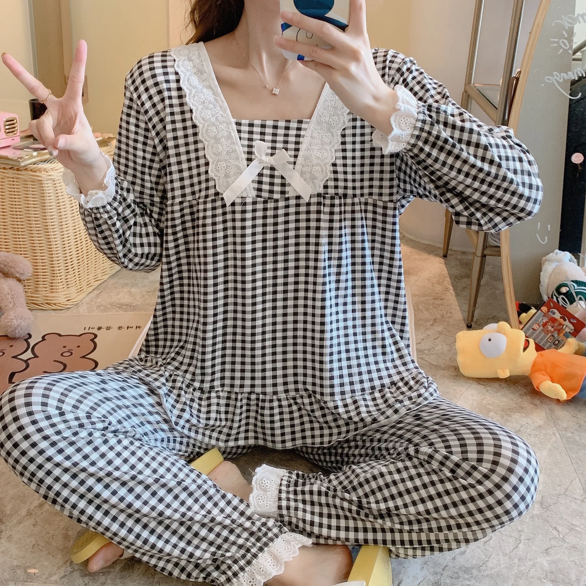 Women's Pajamas  Lattice Embroidery Lace Square Neck Pajama Sets Vintage Lady Cotton Grey Pyjamas Set Home Suit Night clothes