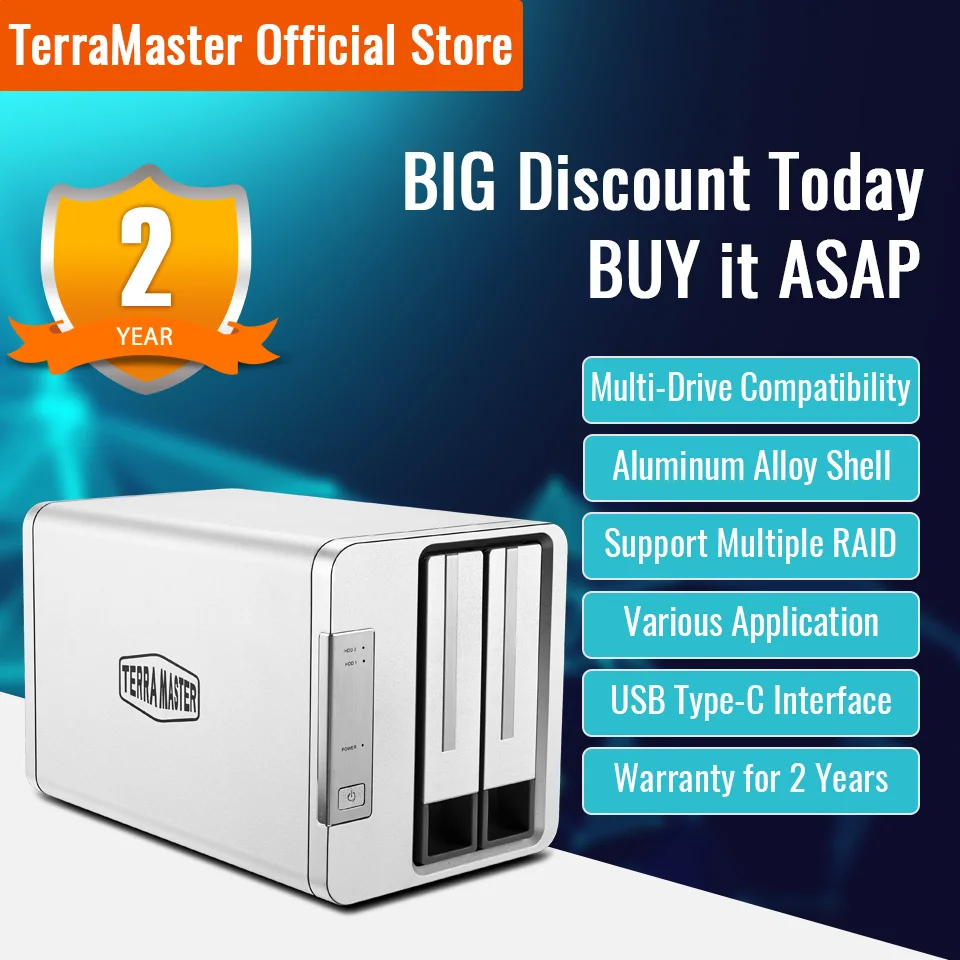 TERRAMASTER D2-310 USB Type C External Hard Drive RAID Enclosure USB3.0 (5Gbps) 2-Bay RAID Storage (Diskless)