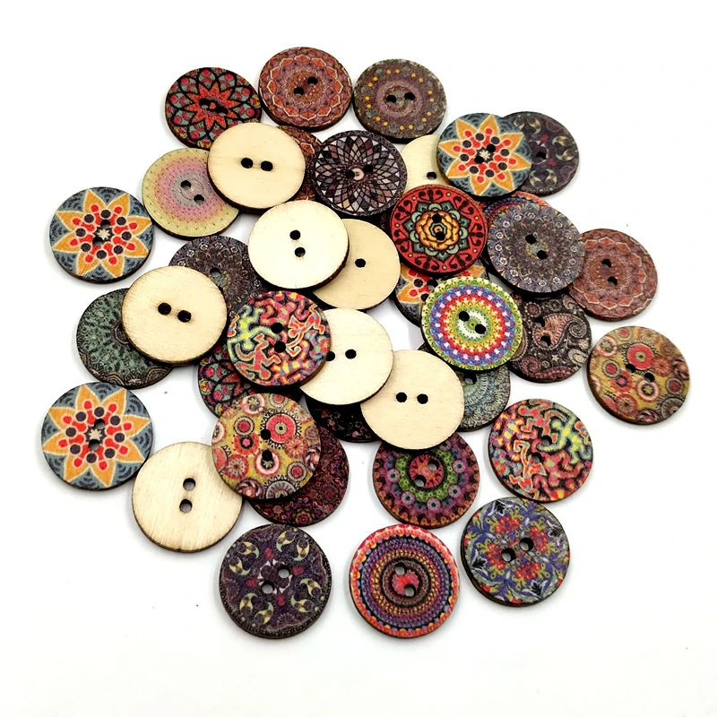 15/20/25mm Natural Retro Multi-Pattern Printing Wooden Round Buttons For Clothing Scrapbook Diy Home Sewing Accessories