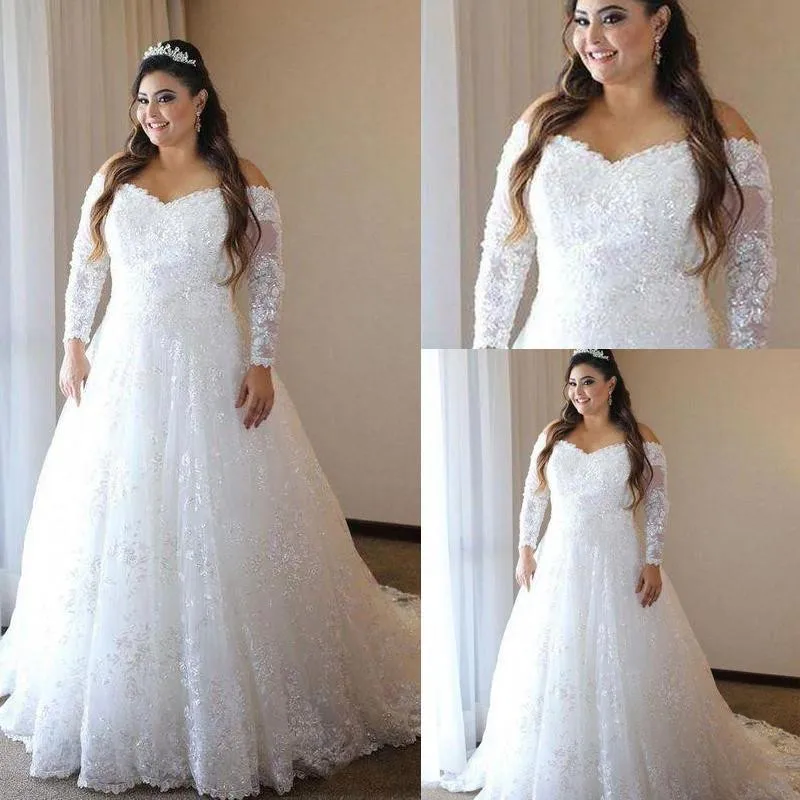 E JUE SHUNG Trắng Plus Kích Thước Váy Áo Cổ V Tay Dài Toàn Ren Appliques Dây Kéo Lưng Cô Dâu Váy Đầm Vestido de Noiva