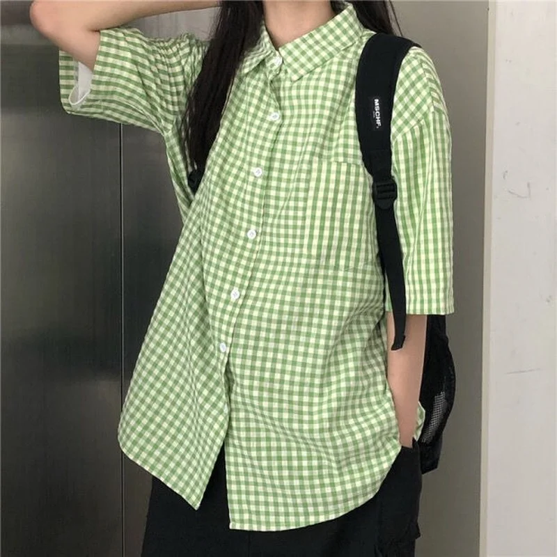 Plaid Shirts Women Tops Preppy Minimalist Summer All-match Teens Chic Basic Soft Fashion Popular Single Breasted Loose Blusas