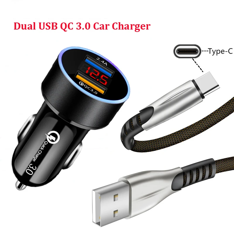 Fast Car Charger For Samsung A21 A31 A41 A51 A71 A50 A70 M21 M31 A21S S8 S9 Type C Braided USB Cable Phone LED Display Charger