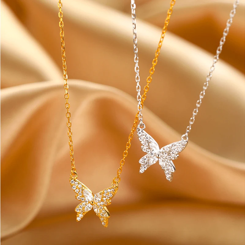 Sweet 925 Sterling Silver Butterfly Necklace Shiny Zircon Pendant Ladies Elegant Clavicle Chain Wedding Jewelry Holiday Gift