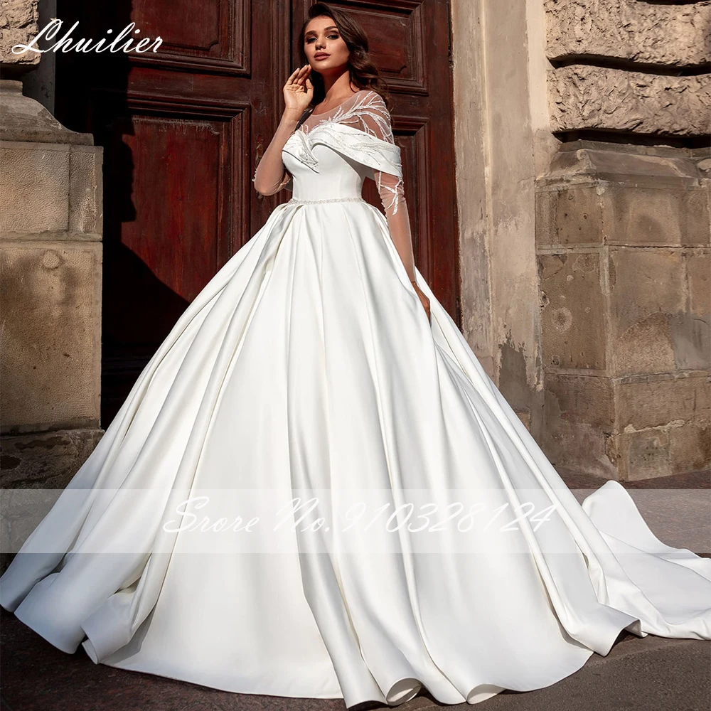 Lhuilier Women's A Line Scoop Neck Satin Wedding Dresses 2021 Long Sleeves Floor Length Beaded Bridal Gowns with Belt