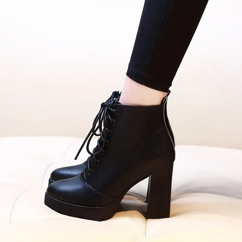 Women Ankle Boots Square High Heel Boots For Woman Fashion Zip Black Autumn Winter Womens Lace Up Platform Boots Shoes