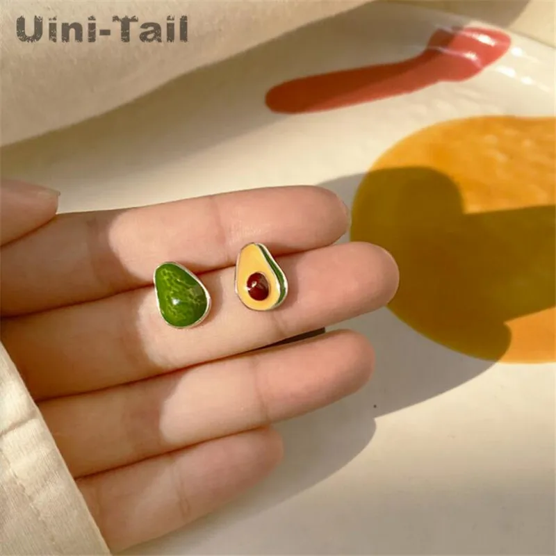 Uini-Tail hot sale new 925 Tibetan silver cute cartoon avocado color earrings sweet romantic tide flowing girly jewelry ED772