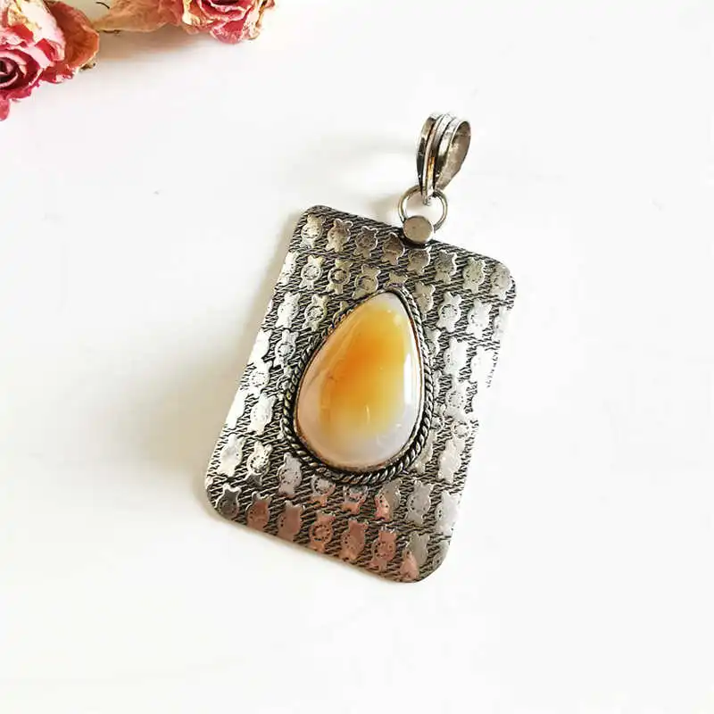 Vintage Hand Jewelry Copper Inlaid Natural Stone Agates Big Rectangle Pendants TBP764