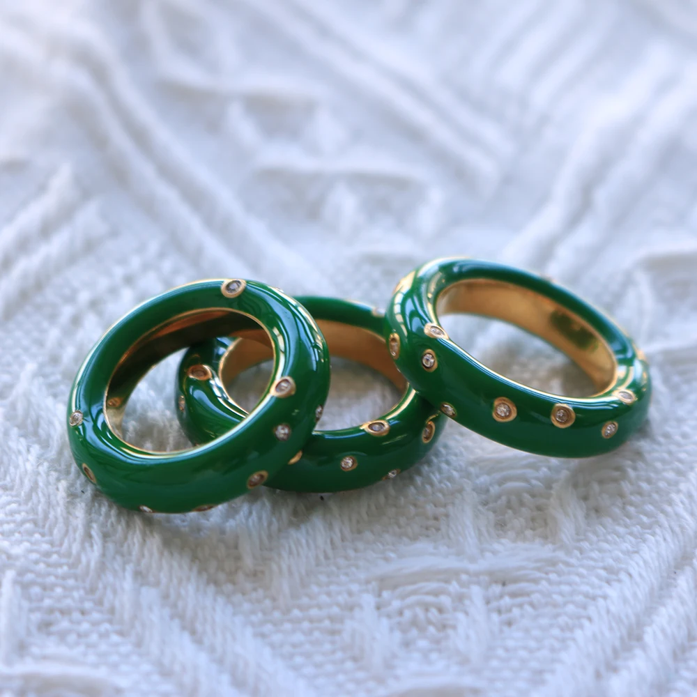 Vintage Stainless Steel Enamel Green Ring Waterproof  Punk Chunky Signet Rings for Women image 4
