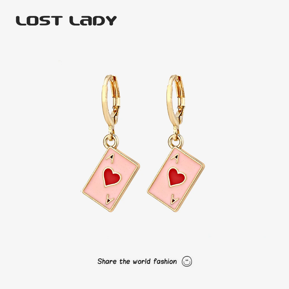 Lost Lady Cute Red Heart Poker Dangle Earrings Creative Lovely Playing Cards Earrings for Women Nightclub Jewelry Gift