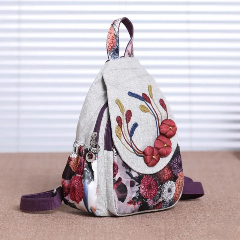 Ethnic Retro Cotton Linen Women Backpack Female Applique All Purpose Rucksacks Lightweight Travel Bags for Girls Schoolbag