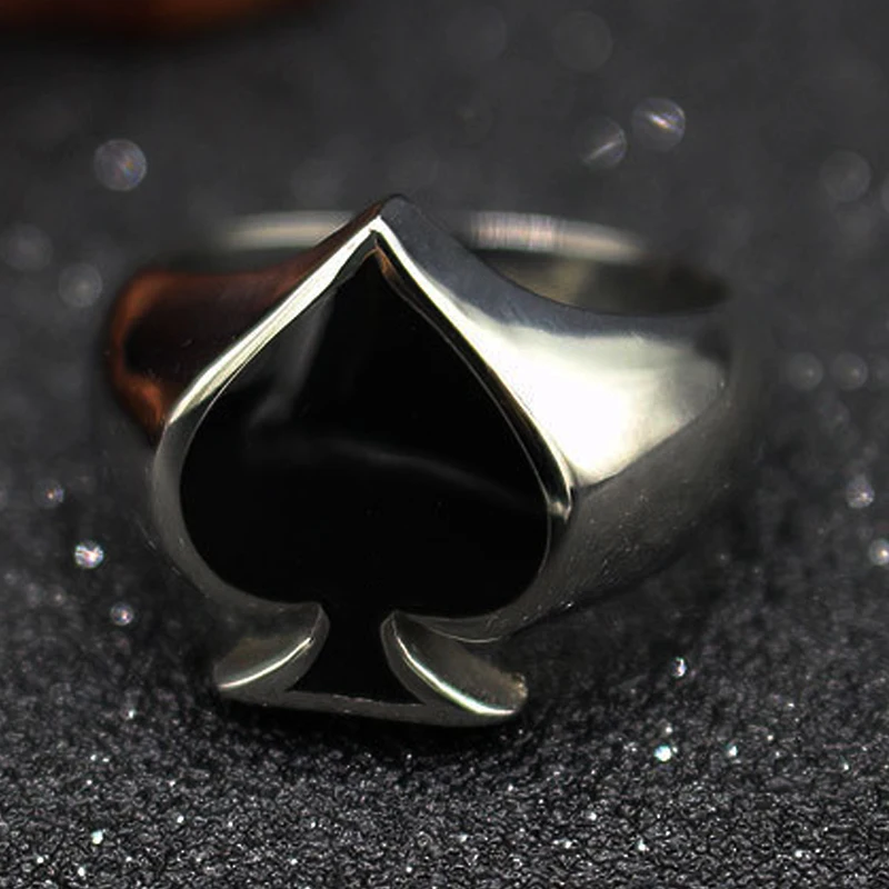 High Quality Black Spade Lucky Ring Cool Men Women  Stainless Steel Punk Biker Ring Unisex Fashion Jewlery Size 7 to Size 14