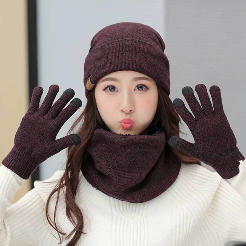 3 Pieces/Set Winter Women Hats Scarves Gloves Kit Fashion Knitted Plus Velvet Hat Scarf Set For Male Female Beanies Scarf Gloves