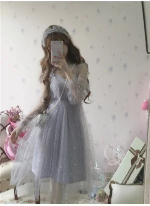 Kawaii mädchen gothic Süße lolita kleid fee hochzeit kleid sterne grau blau mesh prinzessin viktorianischen kleid lolita op loli cos