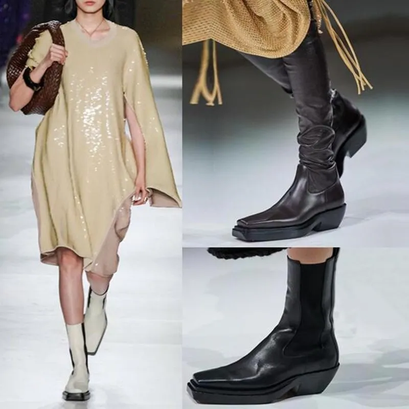 Kwadratowy palec u nogi na buty do kolan damskie szpilki skórzane Chelsea Boots Party Zapatos De Mujer 2020 Sexy luksusowe długie buty damskie