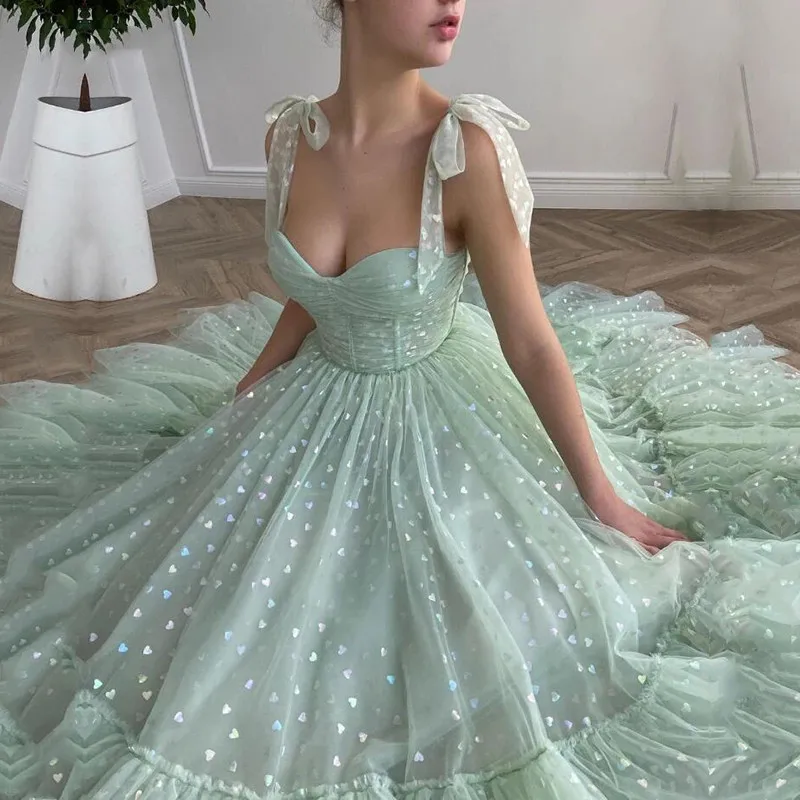 

Shiny Fairy Mint Green Tulle Prom Dress For Women Sweetheart Neck Tea Length Spaghetti Strap Wedding Party Graduation Dress 2024