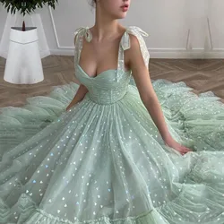 Shiny Fairy Mint Green Tulle Prom Dress per le donne Sweetheart Neck Tea Length Spaghetti Strap Wedding Party Graduation Dress 2024