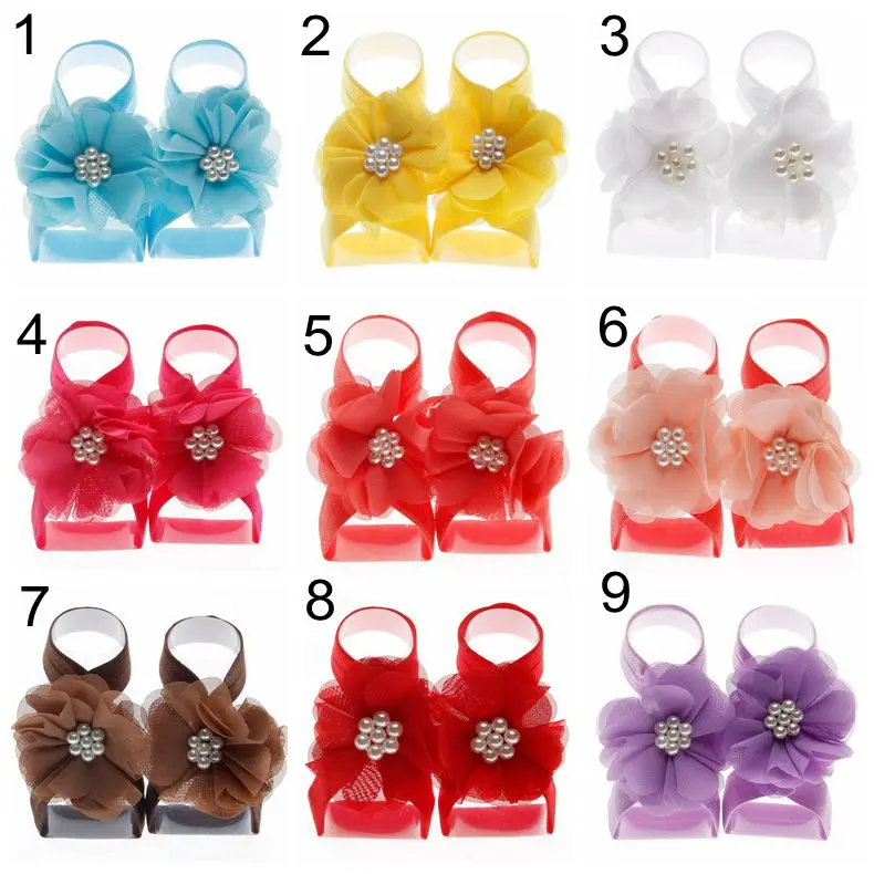 Yundfly Vintage Newborn Chiffon Pearl Flower Barefoot Sandals Baby Elastic Band with Foot Flowers Girls Photo Props