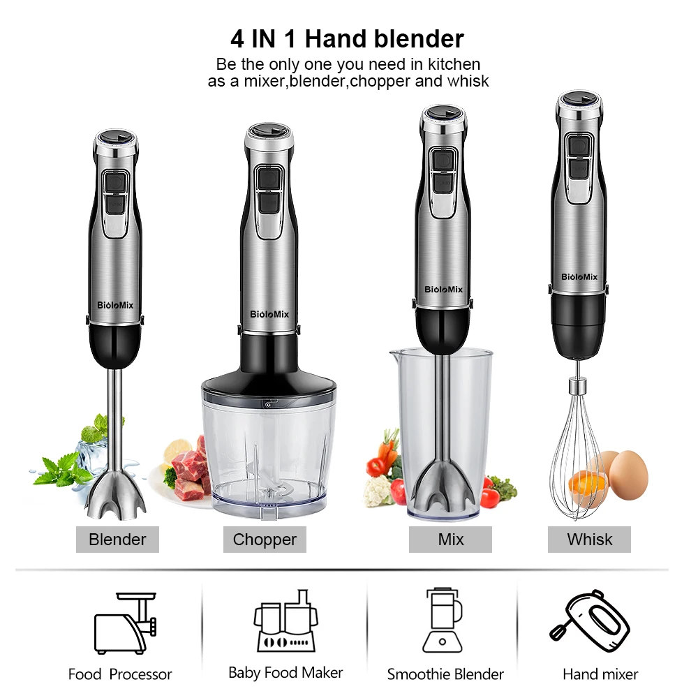 1200 Watt 6-Speed Multi-Purpose 4 in 1 Hand Blender Stainless Steel With Whisk Food Grinder Bowl  for Smoothies Sauces Soups