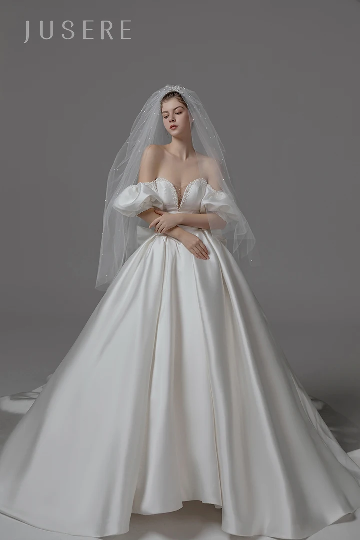 Jusere-Robe de Mariée en Satin Blanche avec Traîne Cathédrale, Épaules Dénudées, Robe de Bal, Gigot