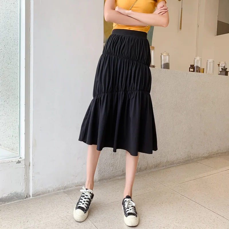 2020 small pleated chiffon high waist slim A- line solid color temperament long tulle black vintage ruffle skirt for women