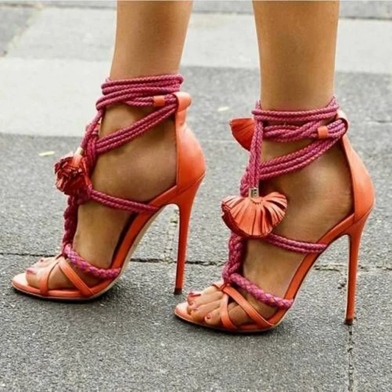 

Sexy Rope Knot High Heel Sandals Braided Straps Cut Outs Stiletto Heels Dress Shoes Women Tassel Decorated Gladiator Sandals