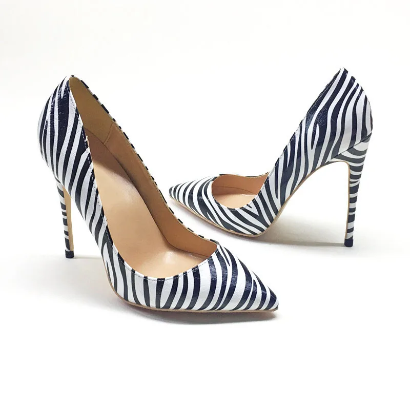 Zebra Stripes Ladies Shoes 12CM High Heel Pumps Women Shoes Sapato Feminino Footwear 10cm 8cm Plus Size 34-45 QP057 ROVICIYA