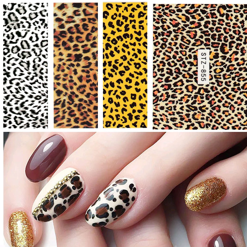 5 Sheets Water Transfer Nail Stickers Leopard Print Decals Animal Watermark Polish Wraps Tips Nail Art Decorations STZ846