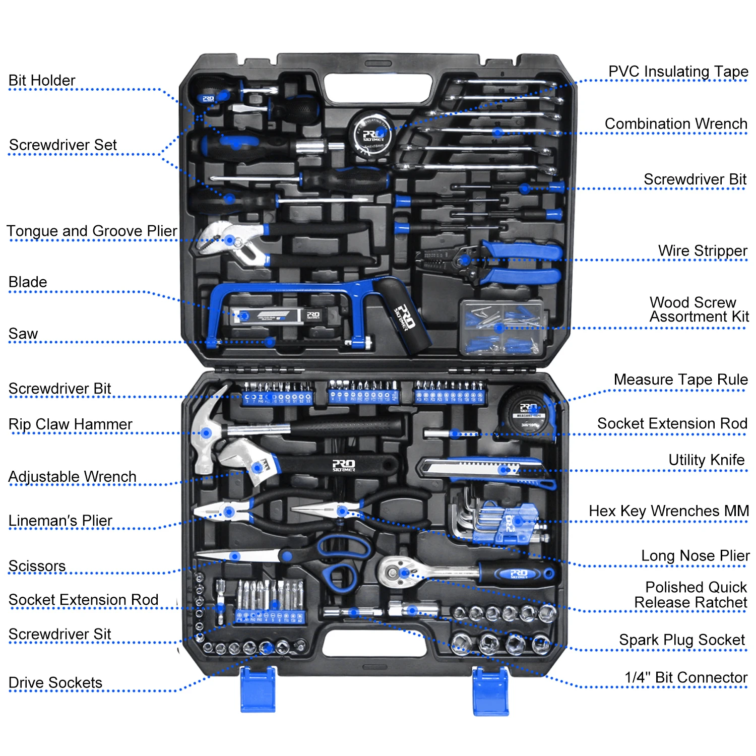 198Pcs Hand Tool Set DIY Home Repair Tool Kit Woodworking Tools Bag Car Repair Tool Set Wrench Saw Screwdriver By PROSTORMER