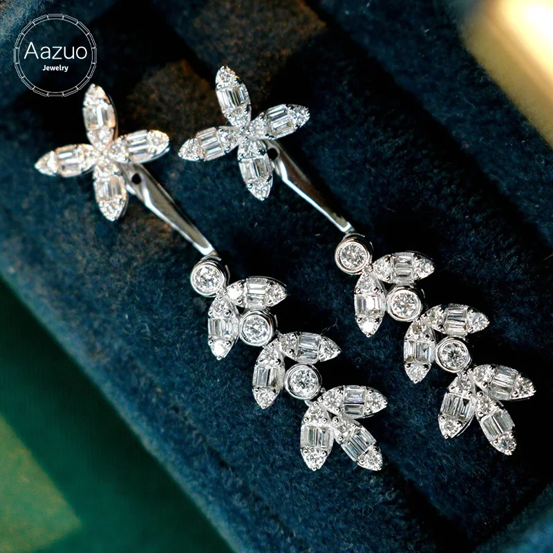 

Aazuo Real 18K White Gold Real Diamonds 1.2ct Long Branches Drop Chain Stud Earrings Gifted for Women Wedding Party Au750