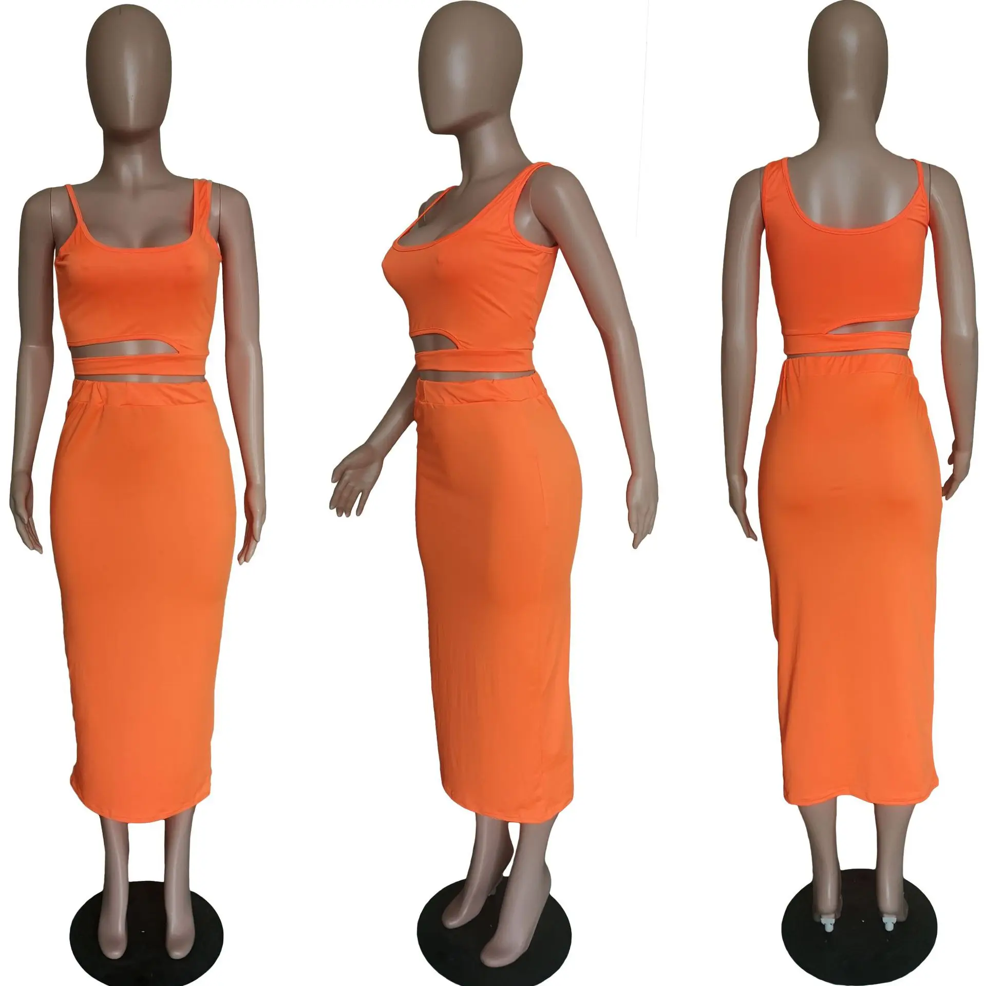 SKMY Women Clothing Fashion Solid Color Hollow Out Crop Top Casual Skirt Suit Sexy Two Piece Set Party Clubwear Outfits