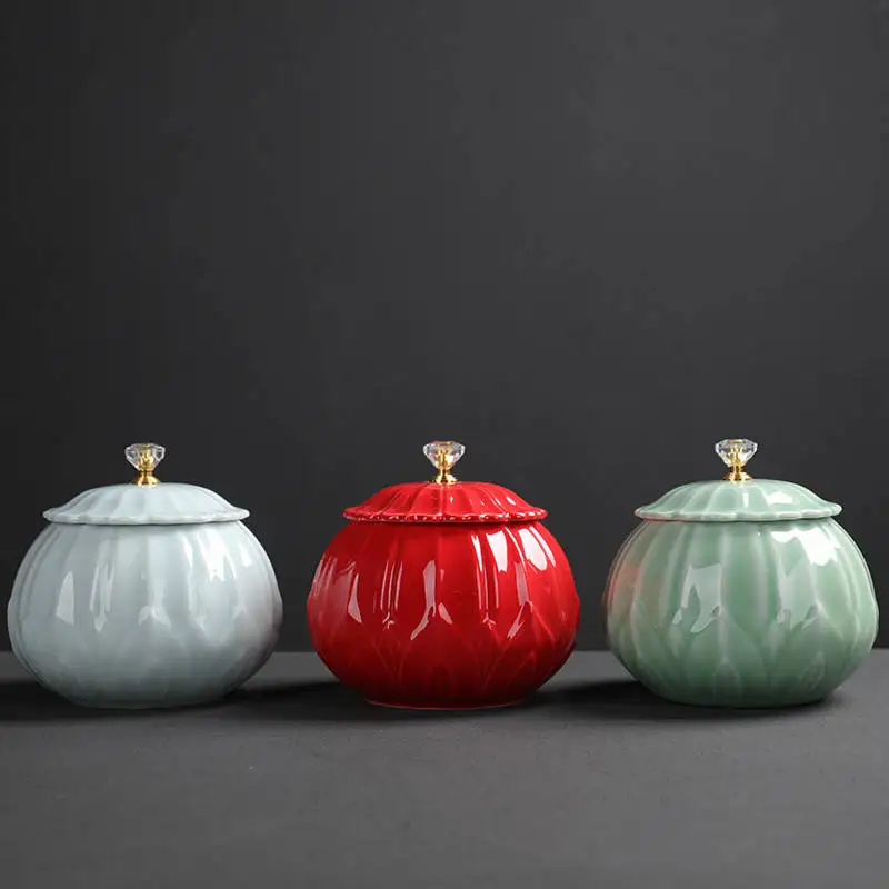 

Chinese Style Large Capacity Ceramic Tea Storage Cans Sealed Pot For Kitchen Spices Organizer Celadon Porcelain Tea Coffee Jars
