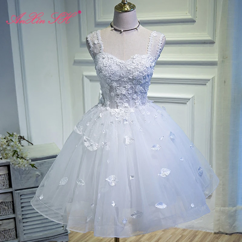 AnXin SH sposa di lusso fiore pizzo innamorato principessa illusione foglia bianca abiti da sera corti personalizzati piccolo abito bianco