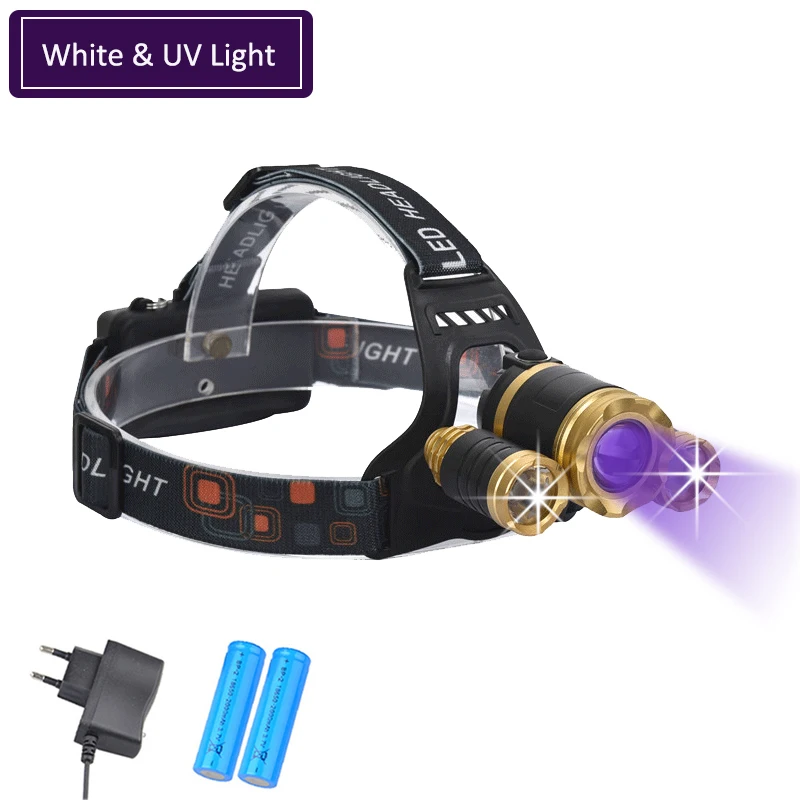 Professional Powerful Headllight 4-Mode White & UV Head Torch LED Rechargeable 18650 Zoom Headlamp For Running