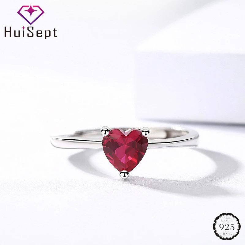 HuiSept Retro 925 Sterling Silver Ring Jewelry Heart-shaped Ruby Gemstone Open Rings Accessories for Women Wedding Engagement