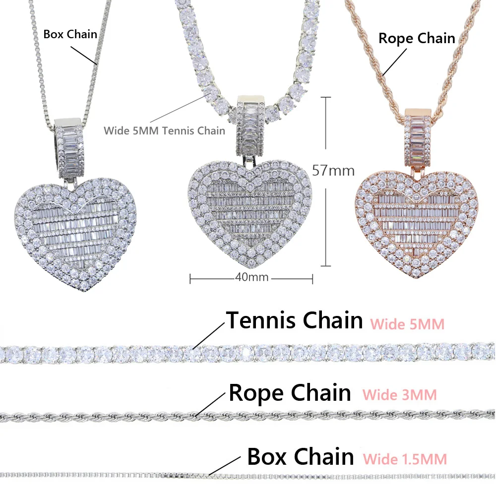 New Can Be Opened Heart Photo Pendant Necklace Silver Color Iced 5MM Tennis Chain Cubic Zirconia Fashion Women Men Jewelry