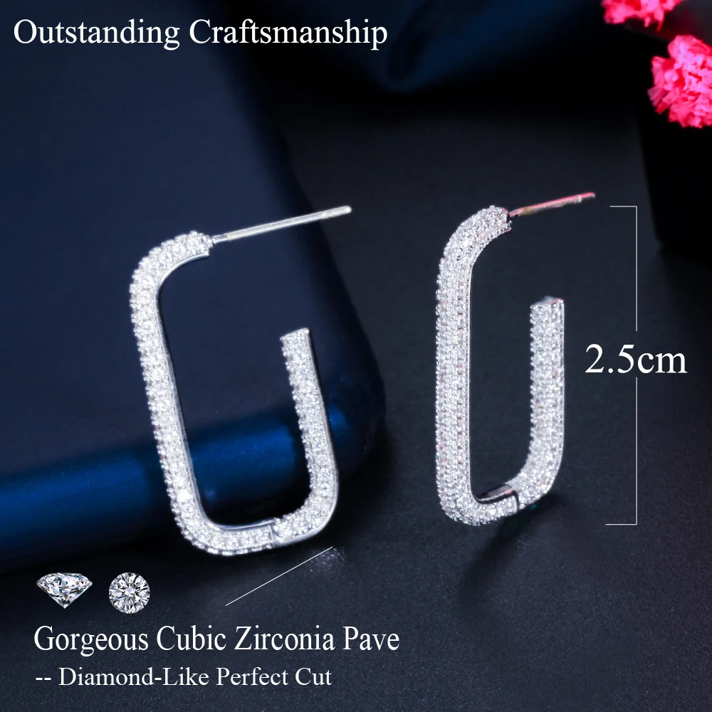 CWWZircons Shiny Pure White Cubic Zircon Micro Pave Geometric Rectangle Hoop Earrings for Women 2022 Trendy New Jewelry CZ858 image 4