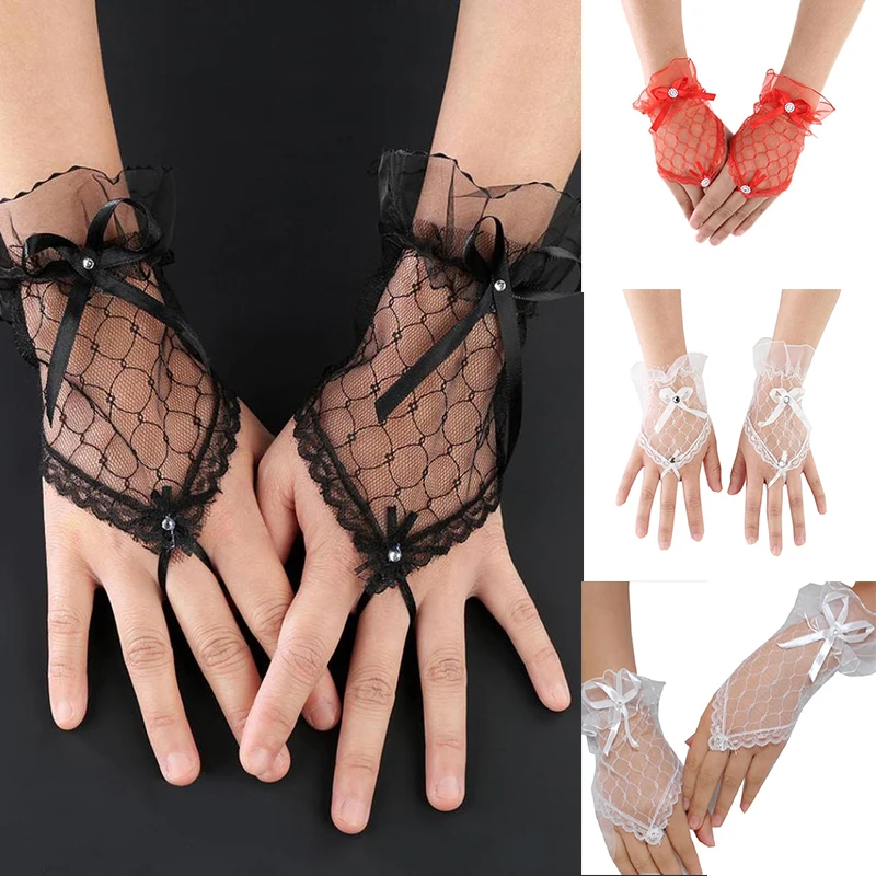 Lace Wedding Gloves Transparent Fingerless Short mesh fishnet gloves Bowknot Bride Party Glove Weeding See Through Crystal Glove