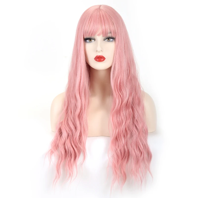 

VDFD Pink Wig with Bangs Synthetic Cosplay Natural Long Wavy Costume Fake Hair Red Purple Heat Resistant Fiber for Women Party