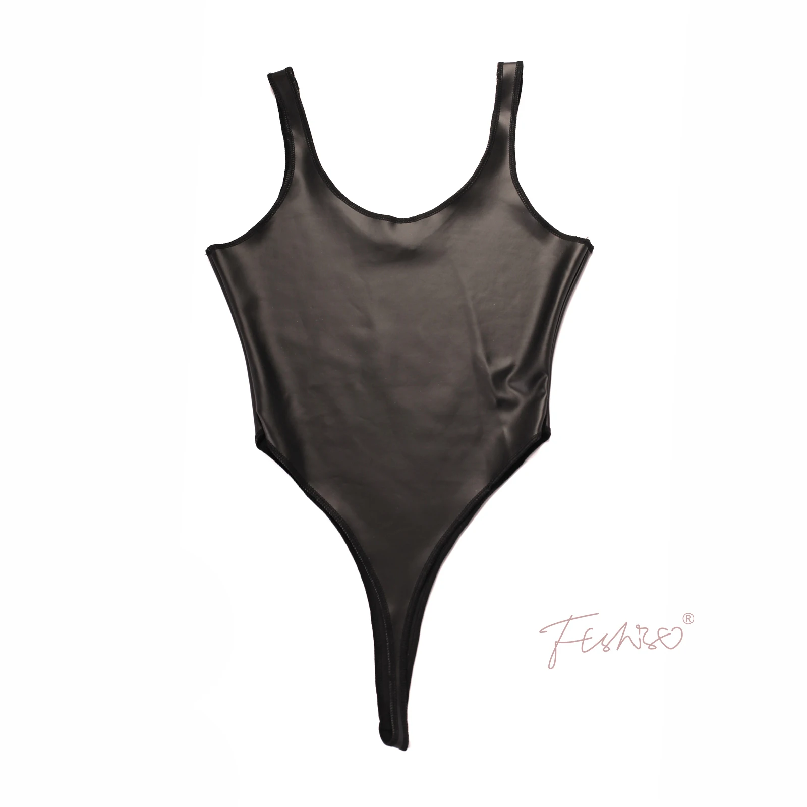 Ftshist Sexy Glossy Matte High-Fork Waistcoat One-Piece PU Leather Shabin Dumb Luster Black Plus Size Lingerie Low-Cut Shapers