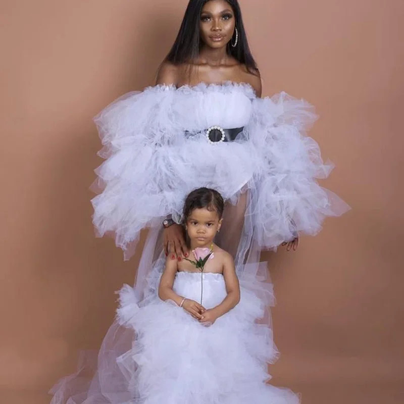 

White Illusion Tulle Maternity Dress For Photography Fancy Tiered Ruffles Ladies Sleepwear Gowns For Photo Shoot