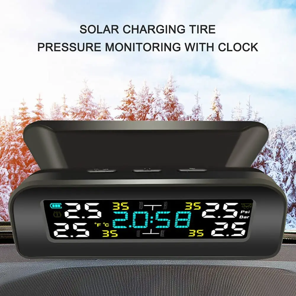 Universal TPMS Wireless Tire Pressure Monitoring System Solar Power Clock LCD Display 4 External Sensor Tire Pressure Sensors