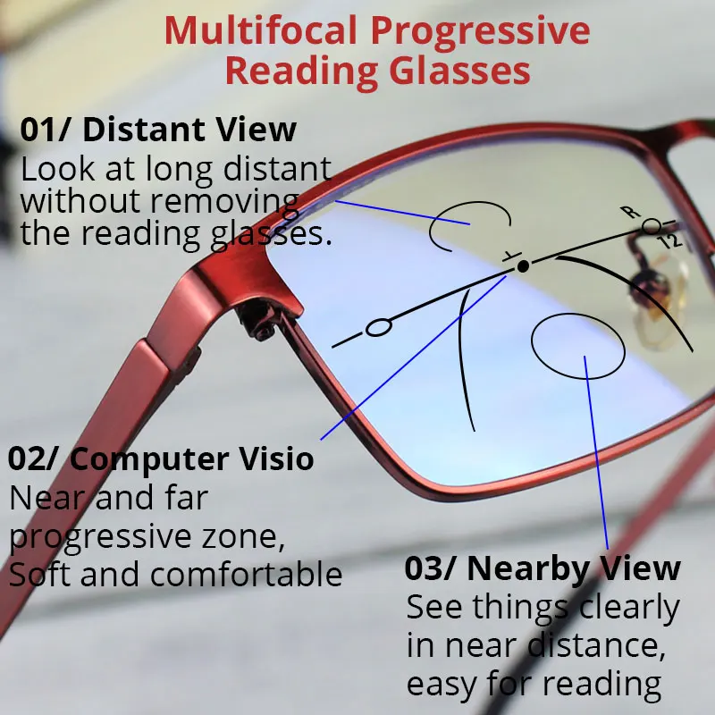 VANLOOK Progressive Multifocal Reading Glasses Computer For Men Women Sight Clear Adjustable Eyeglasses Red +1.0 1.5 2 2.5 3 3.5