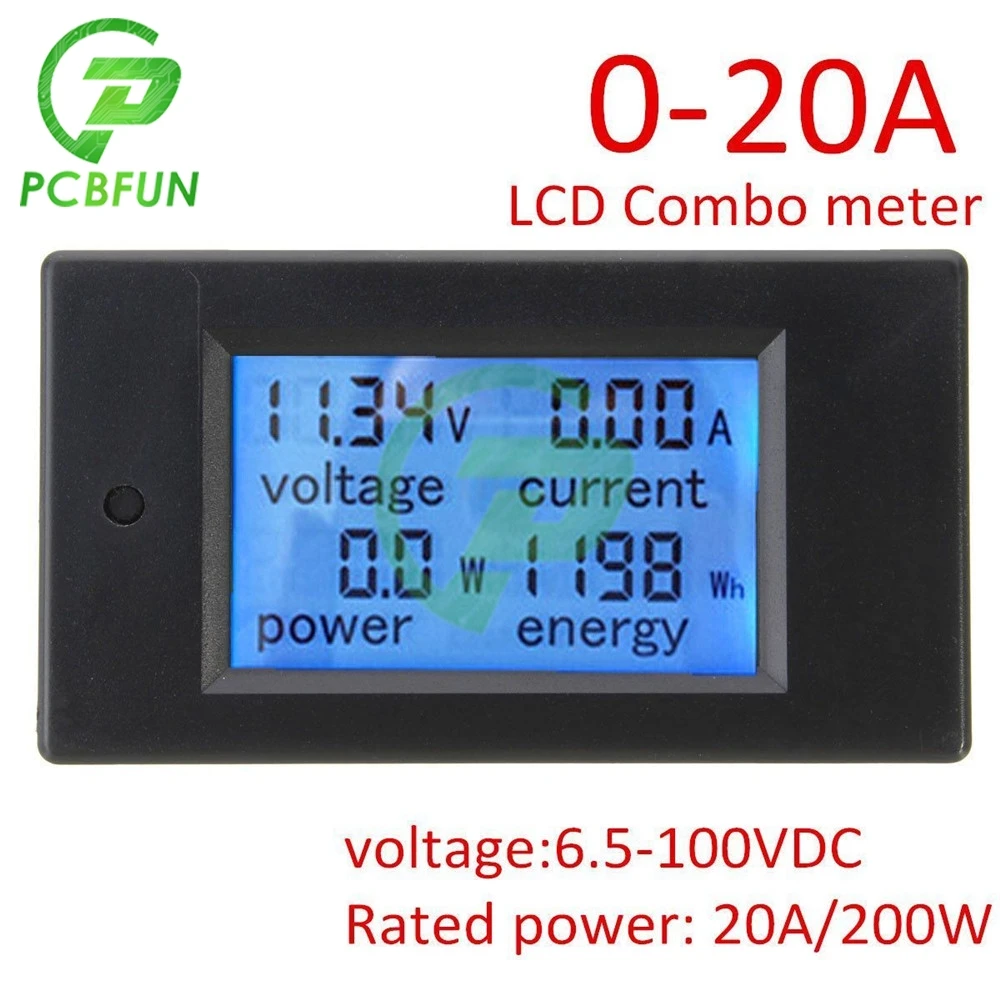 20A Tensione di Alimentazione LCD Display Misuratore di Potenza DC 6.5V-100V Voltmetro Amperometro Built-in Shunt 0-2kW Power -10-65 Gradi Tester